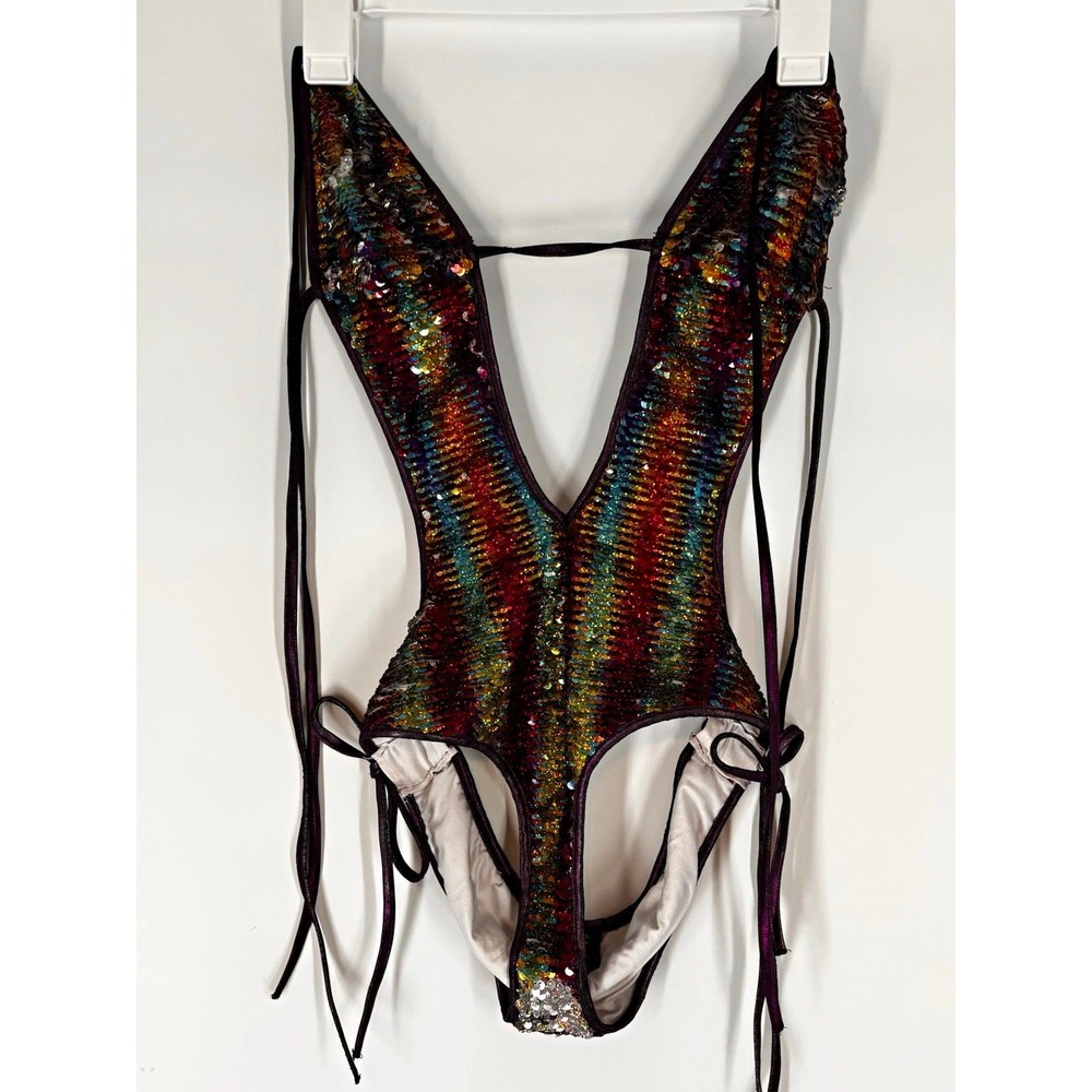 VTG Fredericks of Hollywood Women Sequin Plunge Strappy Monokini Bodysuit M NYE